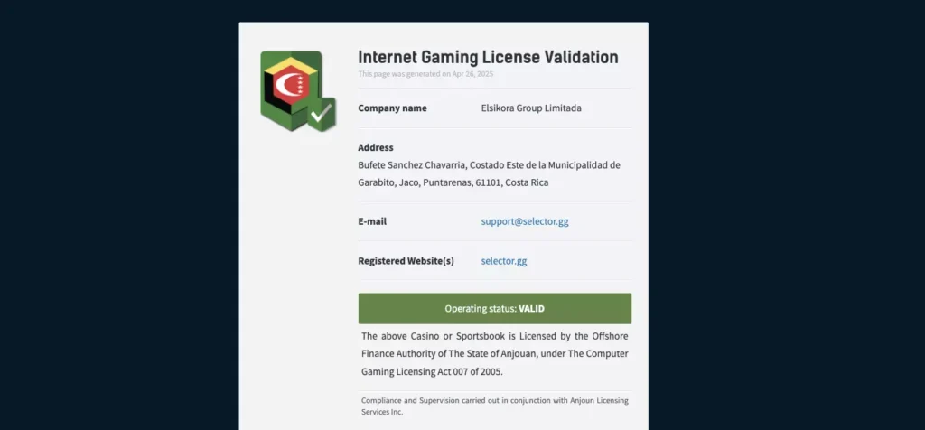 Лицензия казино Selector